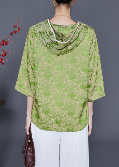 Fine Grass Green Hooded Print Silk Blouses Bracelet Sleeve LY5395 - fabuloryshop