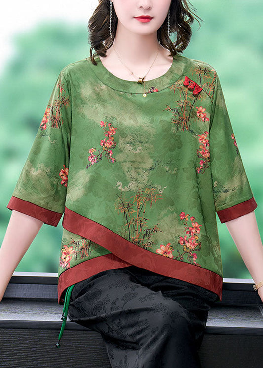 Fine Green Asymmetrical Patchwork Silk Shirts Bracelet Sleeve LY0469 - fabuloryshop