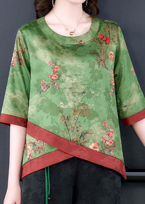 Fine Green Asymmetrical Patchwork Silk Shirts Bracelet Sleeve LY0469