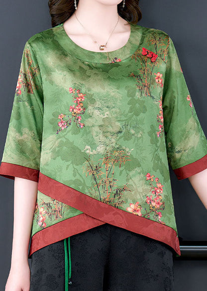 Fine Green Asymmetrical Patchwork Silk Shirts Bracelet Sleeve LY0469 - fabuloryshop