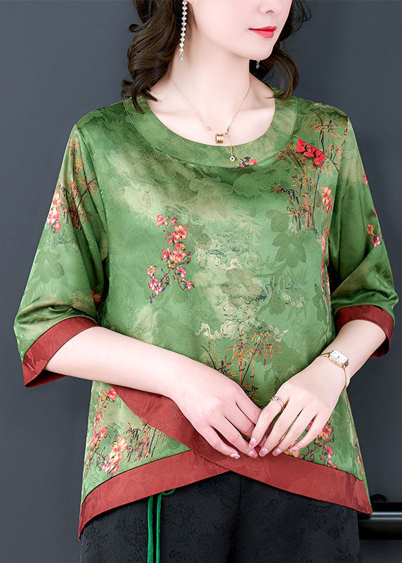 Fine Green Asymmetrical Patchwork Silk Shirts Bracelet Sleeve LY0469 - fabuloryshop