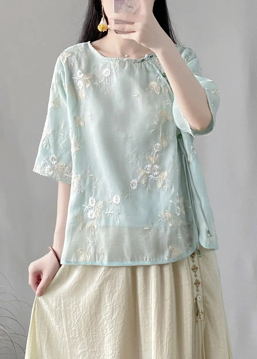 Fine Green Embroideried Button Silk Linen Top Half Sleeve Ada Fashion