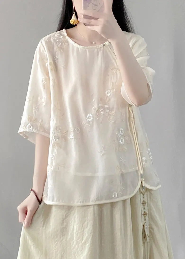 Fine Green Embroideried Button Silk Linen Top Half Sleeve Ada Fashion