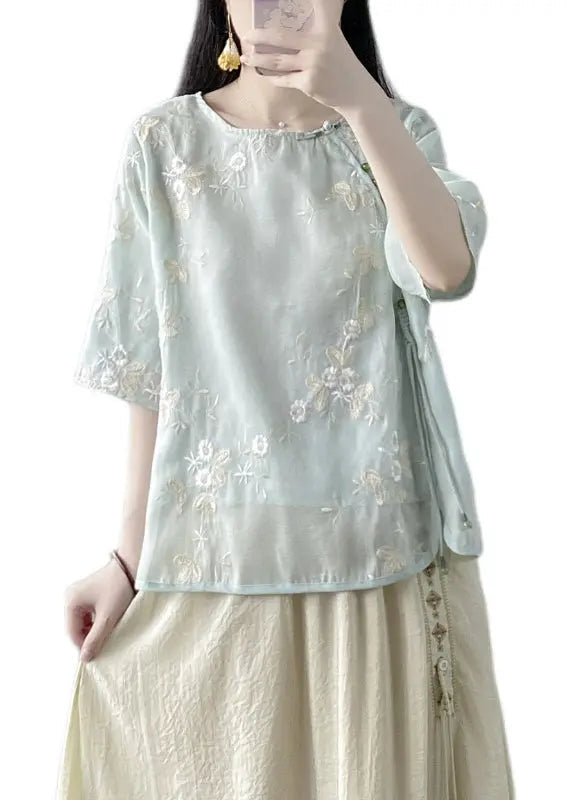 Fine Green Embroideried Button Silk Linen Top Half Sleeve Ada Fashion