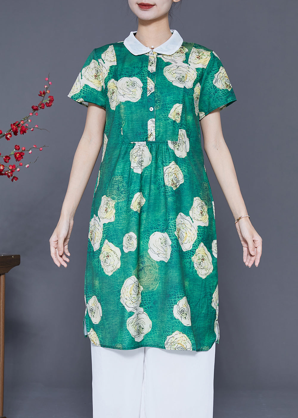 Fine Green Peter Pan Collar Floral Chiffon Shirt Dress Summer LY5380 - fabuloryshop