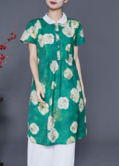 Fine Green Peter Pan Collar Floral Chiffon Shirt Dress Summer LY5380 - fabuloryshop