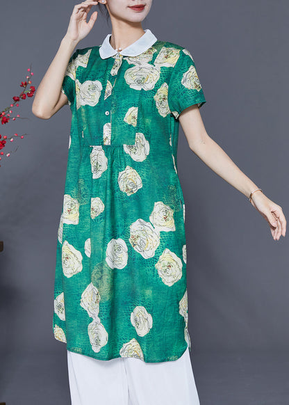 Fine Green Peter Pan Collar Floral Chiffon Shirt Dress Summer LY5380 - fabuloryshop