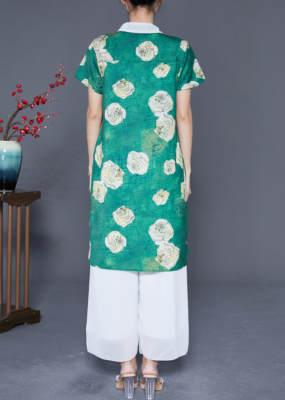 Fine Green Peter Pan Collar Floral Chiffon Shirt Dress Summer LY5380 - fabuloryshop