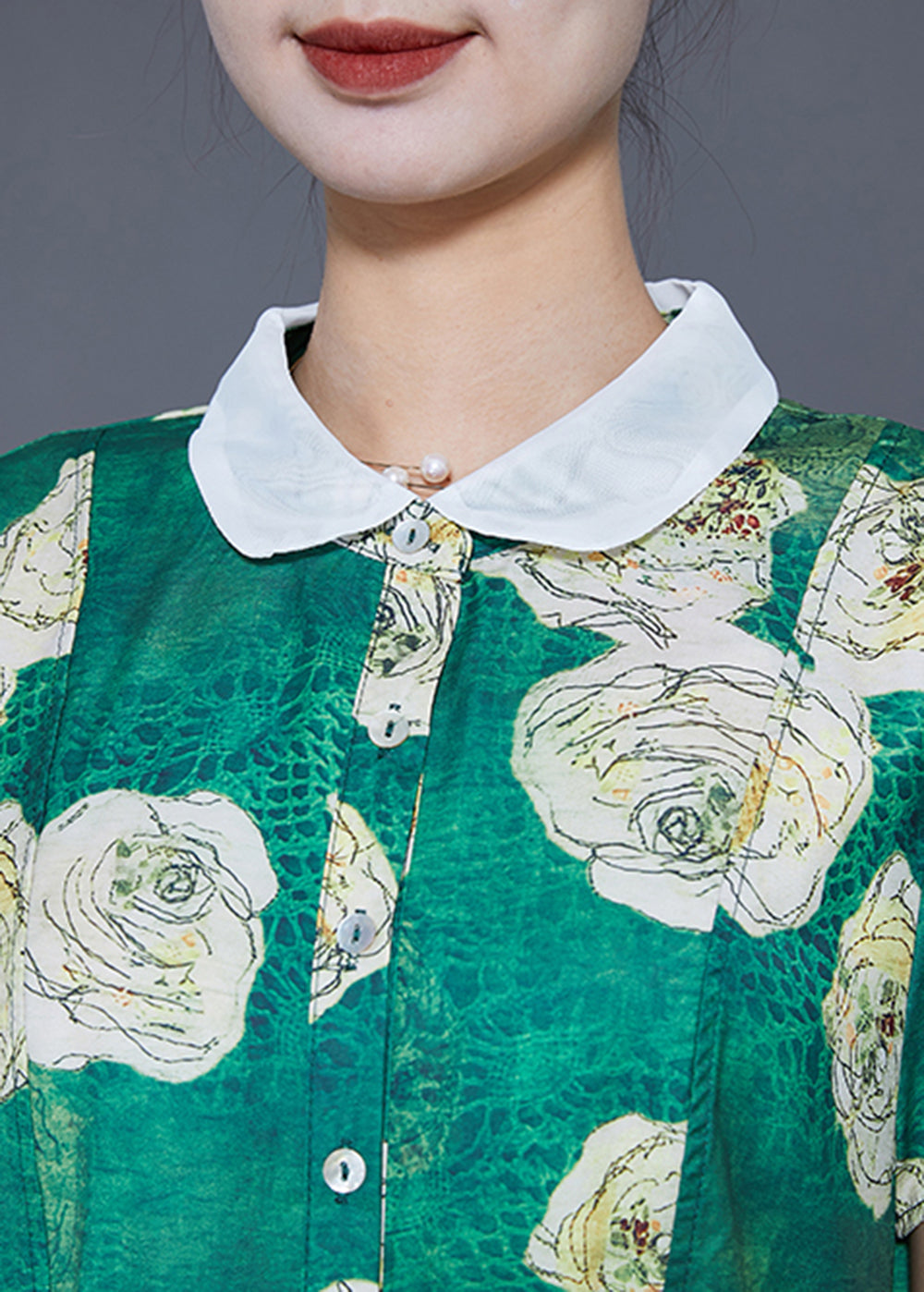 Fine Green Peter Pan Collar Floral Chiffon Shirt Dress Summer LY5380 - fabuloryshop