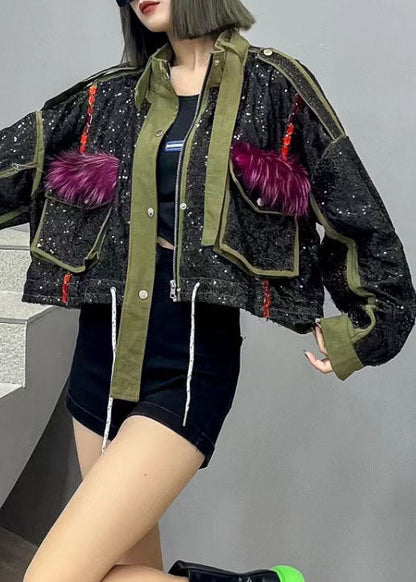 Fine Green Pockets Zip Up Sequins Patchwork Denim Short Coat Spring LY5218 - fabuloryshop