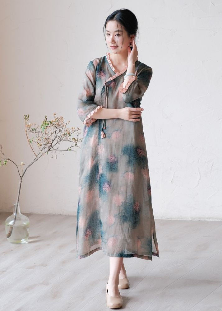 Fine Green Ruffled Tasseled Print Patchwork Linen Dress Summer LY2507