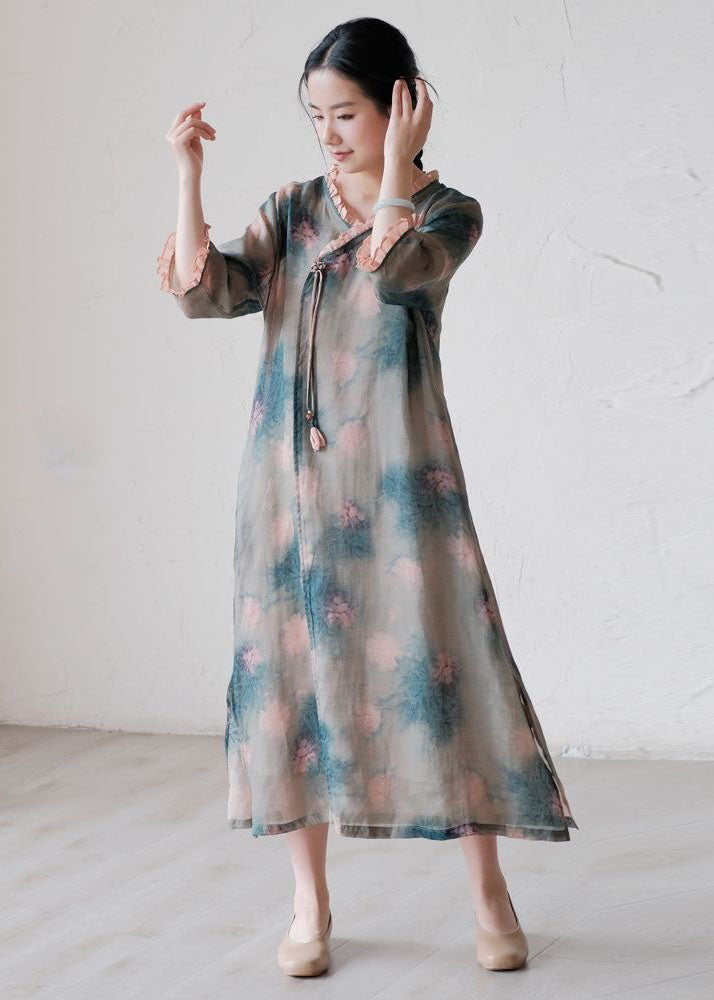 Fine Green Ruffled Tasseled Print Patchwork Linen Dress Summer LY2507 - fabuloryshop