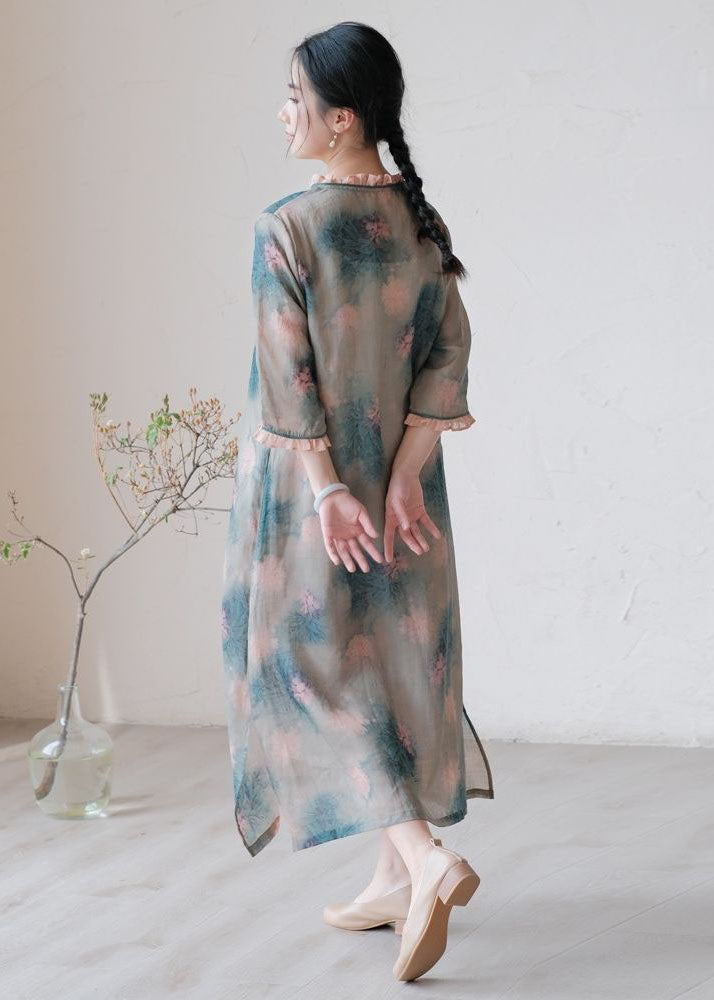 Fine Green Ruffled Tasseled Print Patchwork Linen Dress Summer LY2507 - fabuloryshop