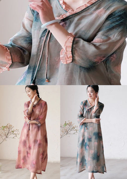 Fine Green Ruffled Tasseled Print Patchwork Linen Dress Summer LY2507 - fabuloryshop