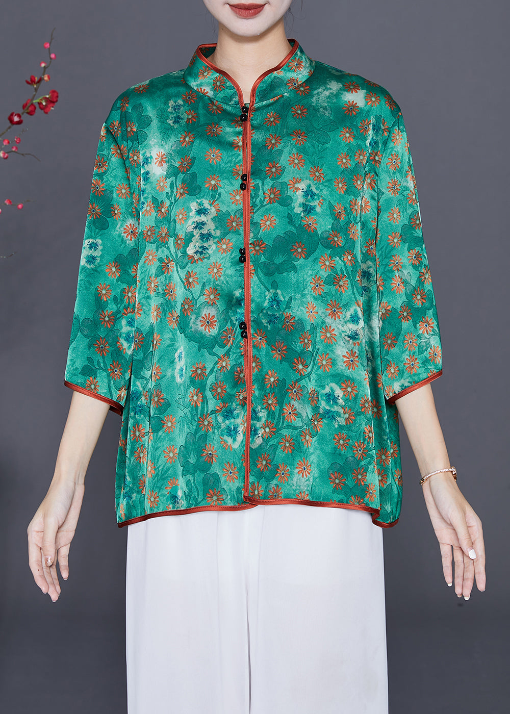 Fine Green Stand Collar Print Silk Shirts Summer Ada Fashion