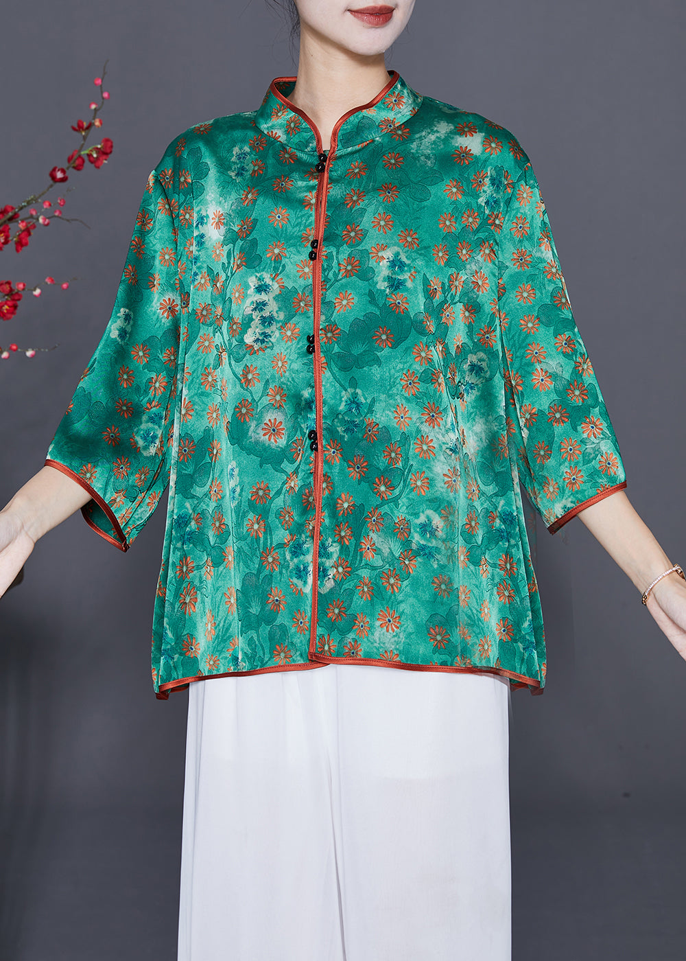 Fine Green Stand Collar Print Silk Shirts Summer Ada Fashion