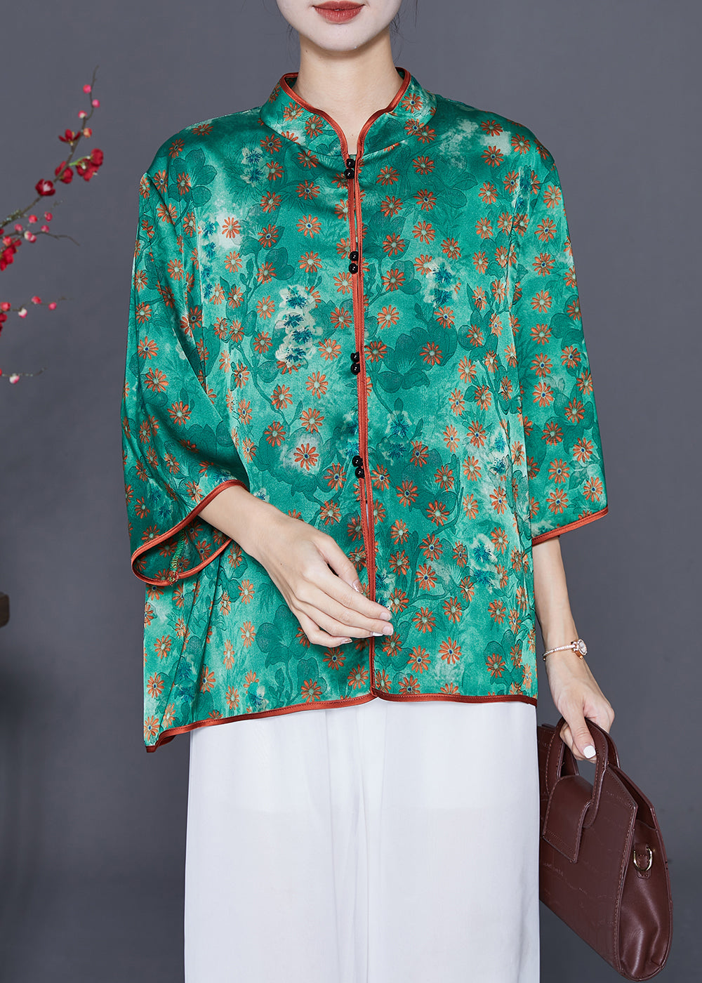 Fine Green Stand Collar Print Silk Shirts Summer Ada Fashion