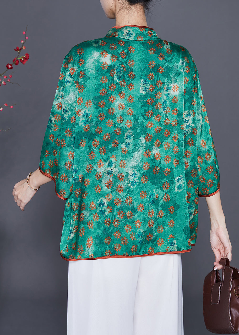 Fine Green Stand Collar Print Silk Shirts Summer Ada Fashion