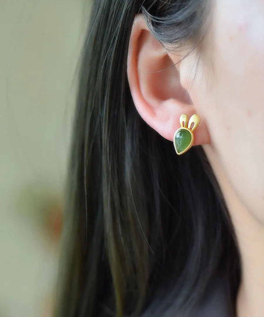 Fine Green Strerling Silver Overgild Jade Little Rabbit And Carrot Stud Earrings Ada Fashion