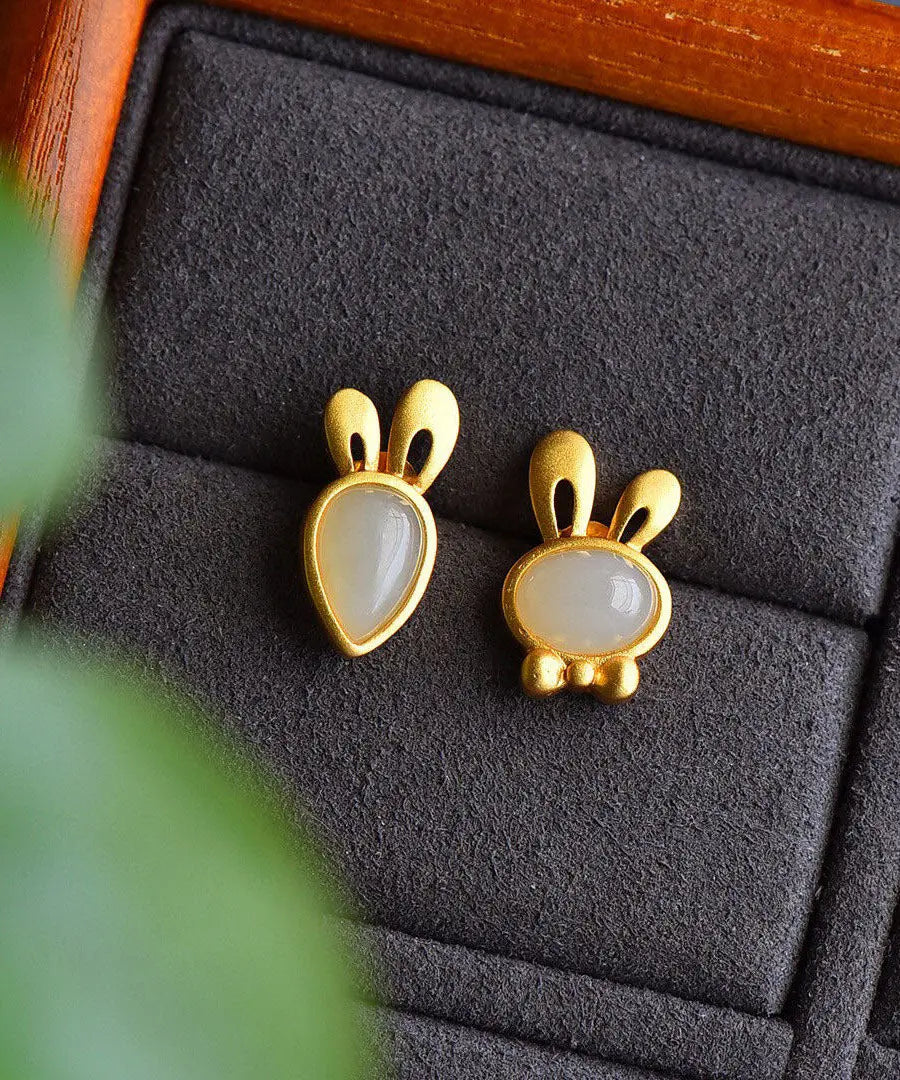 Fine Green Strerling Silver Overgild Jade Little Rabbit And Carrot Stud Earrings Ada Fashion