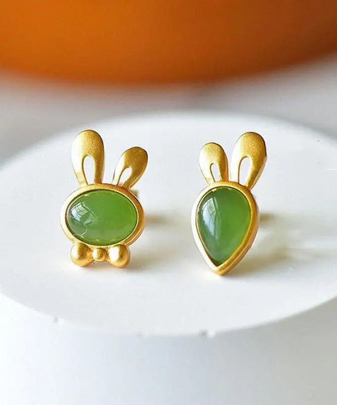 Fine Green Strerling Silver Overgild Jade Little Rabbit And Carrot Stud Earrings Ada Fashion