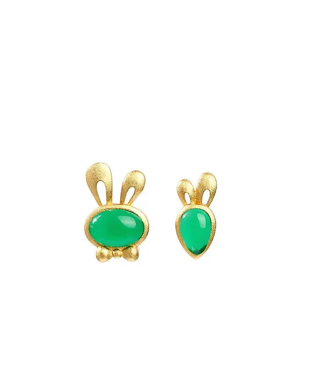 Fine Green Strerling Silver Overgild Jade Little Rabbit And Carrot Stud Earrings Ada Fashion