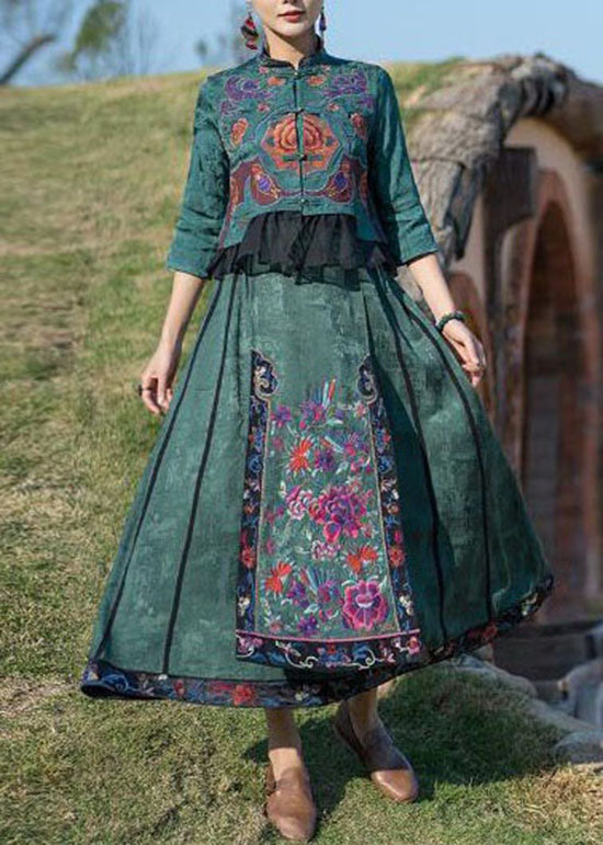 Fine Green Wrinkled Embroideried Pockets Patchwork Silk Skirt Summer LY4569 - fabuloryshop