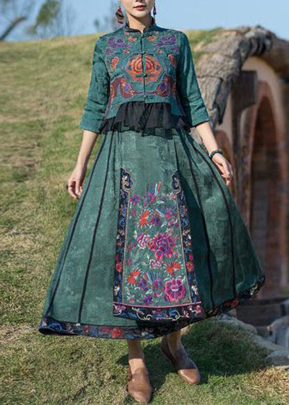 Fine Green Wrinkled Embroideried Pockets Patchwork Silk Skirt Summer LY4569 - fabuloryshop