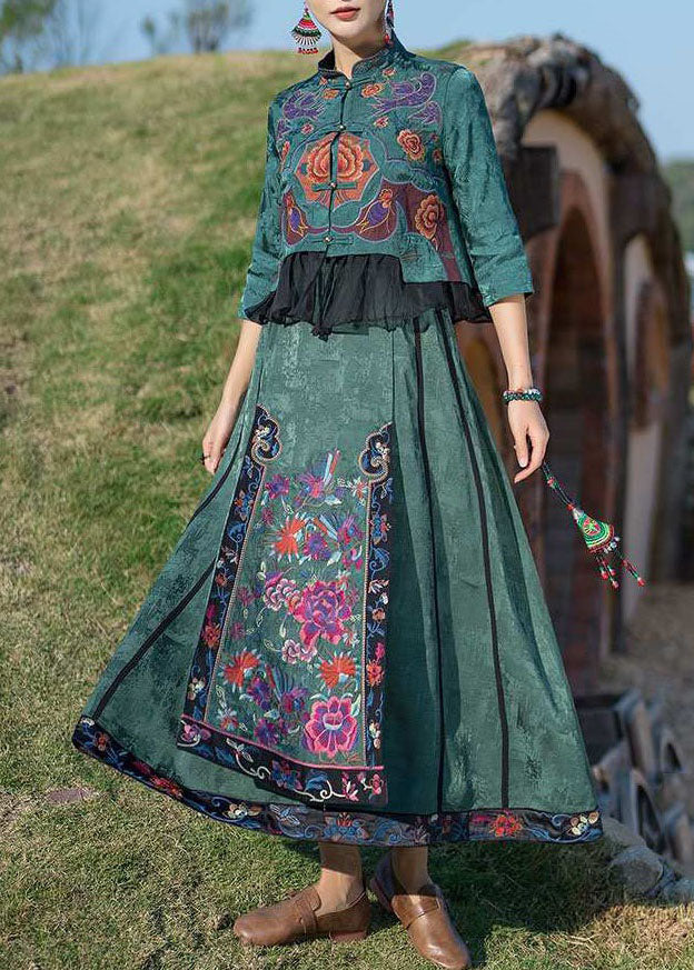 Fine Green Wrinkled Embroideried Pockets Patchwork Silk Skirt Summer LY4569 - fabuloryshop