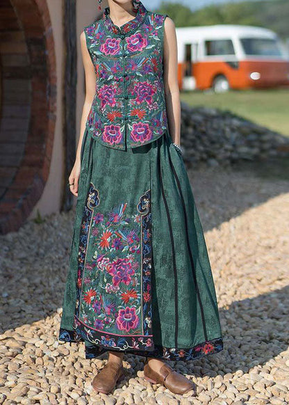 Fine Green Wrinkled Embroideried Pockets Patchwork Silk Skirt Summer LY4569 - fabuloryshop