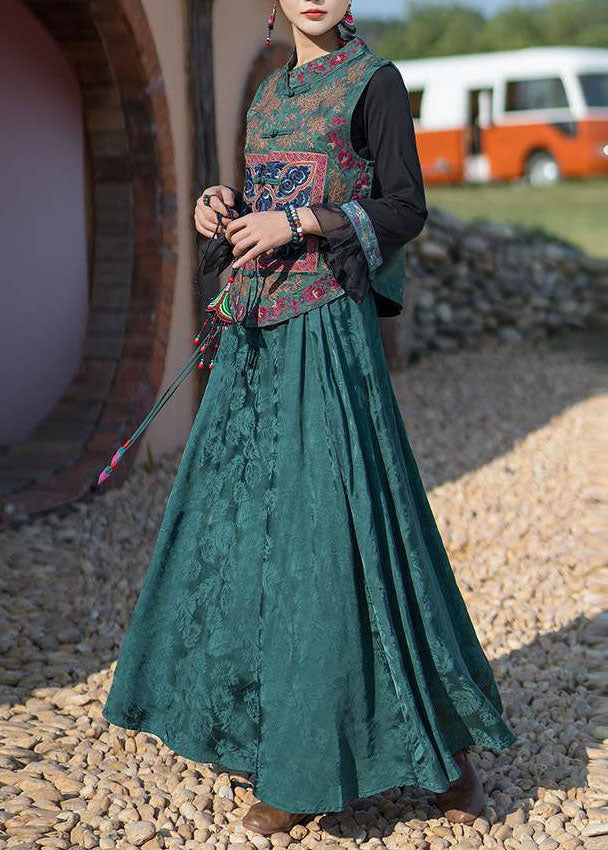 Fine Green Wrinkled Embroideried Pockets Patchwork Silk Skirt Summer LY4569 - fabuloryshop