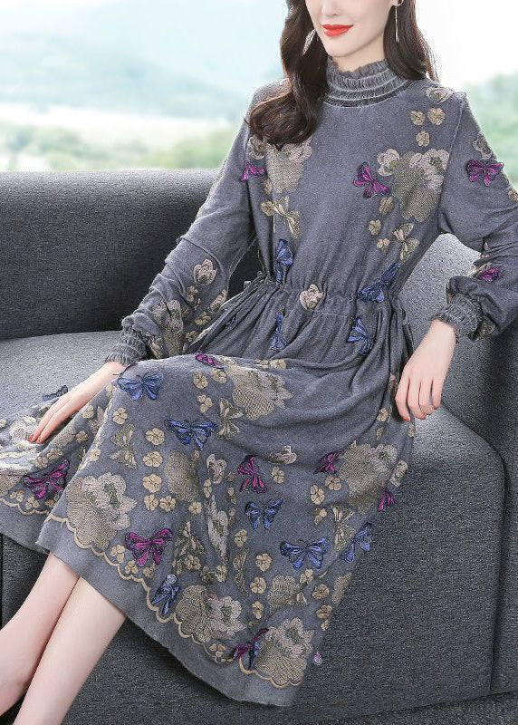 Fine Grey High Neck Embroideried Butterfly Wool Cinched Dress AC3048 - fabuloryshop