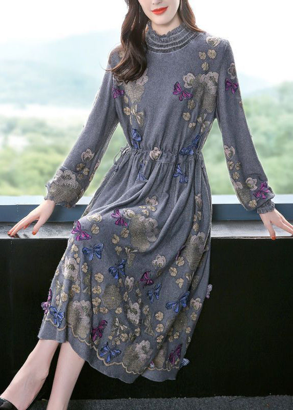 Fine Grey High Neck Embroideried Butterfly Wool Cinched Dress Spring LY0742 - fabuloryshop
