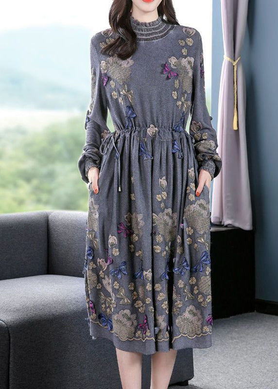 Fine Grey High Neck Embroideried Butterfly Wool Cinched Dress Spring LY0742 - fabuloryshop