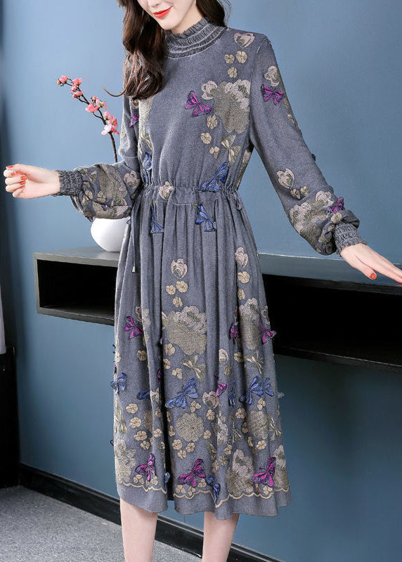 Fine Grey High Neck Embroideried Butterfly Wool Cinched Dress AC3048