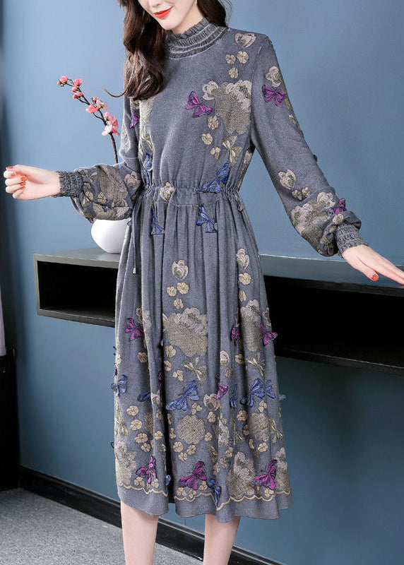 Fine Grey High Neck Embroideried Butterfly Wool Cinched Dress AC3048 - fabuloryshop