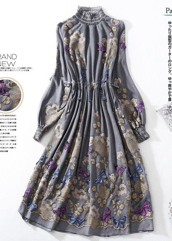 Fine Grey High Neck Embroideried Butterfly Wool Cinched Dress AC3048 - fabuloryshop