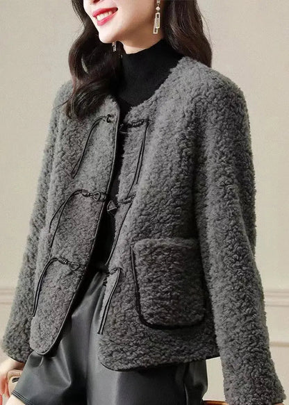 Fine Grey O Neck Tasseled Button Patchwork Wool Coats Winter Ada Fashion