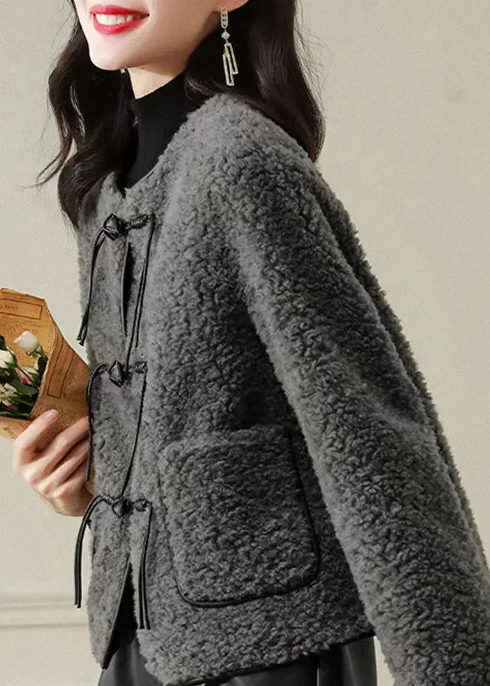 Fine Grey O Neck Tasseled Button Patchwork Wool Coats Winter Ada Fashion