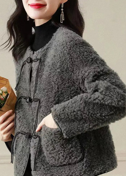 Fine Grey O Neck Tasseled Button Patchwork Wool Coats Winter Ada Fashion