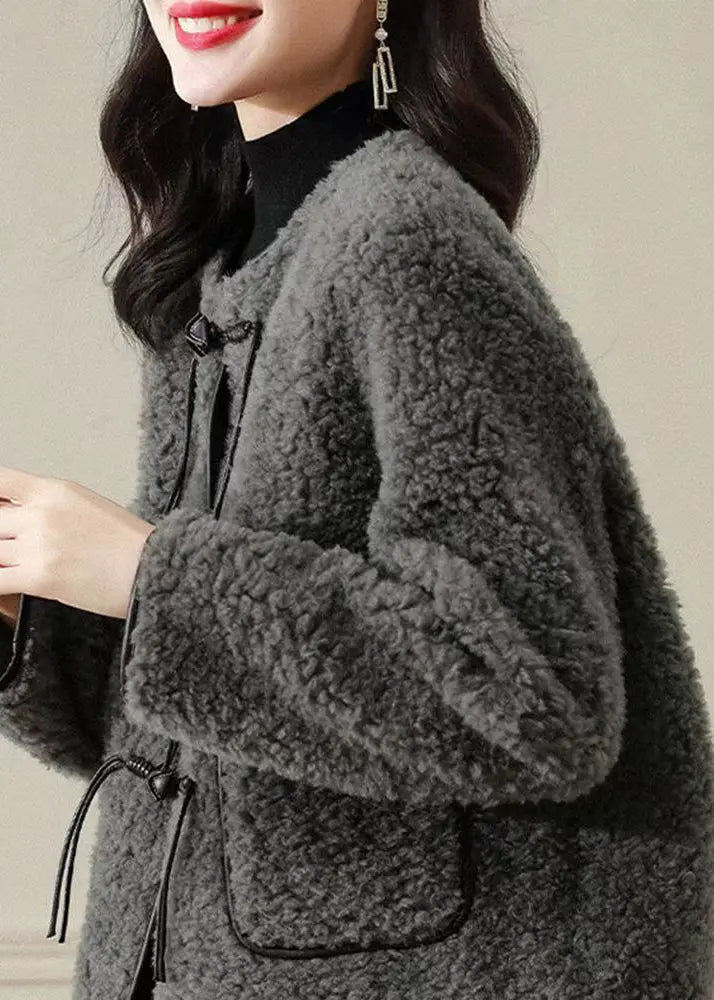 Fine Grey O Neck Tasseled Button Patchwork Wool Coats Winter Ada Fashion