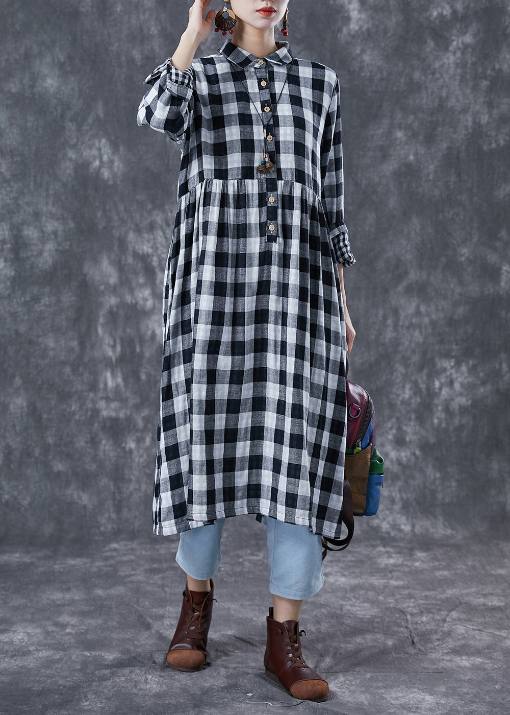 Fine Grey Oversized Plaid Cotton Maxi Dresses Spring LY4027 - fabuloryshop