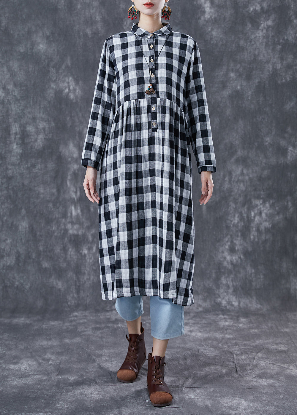 Fine Grey Oversized Plaid Cotton Maxi Dresses Spring LY4027 - fabuloryshop