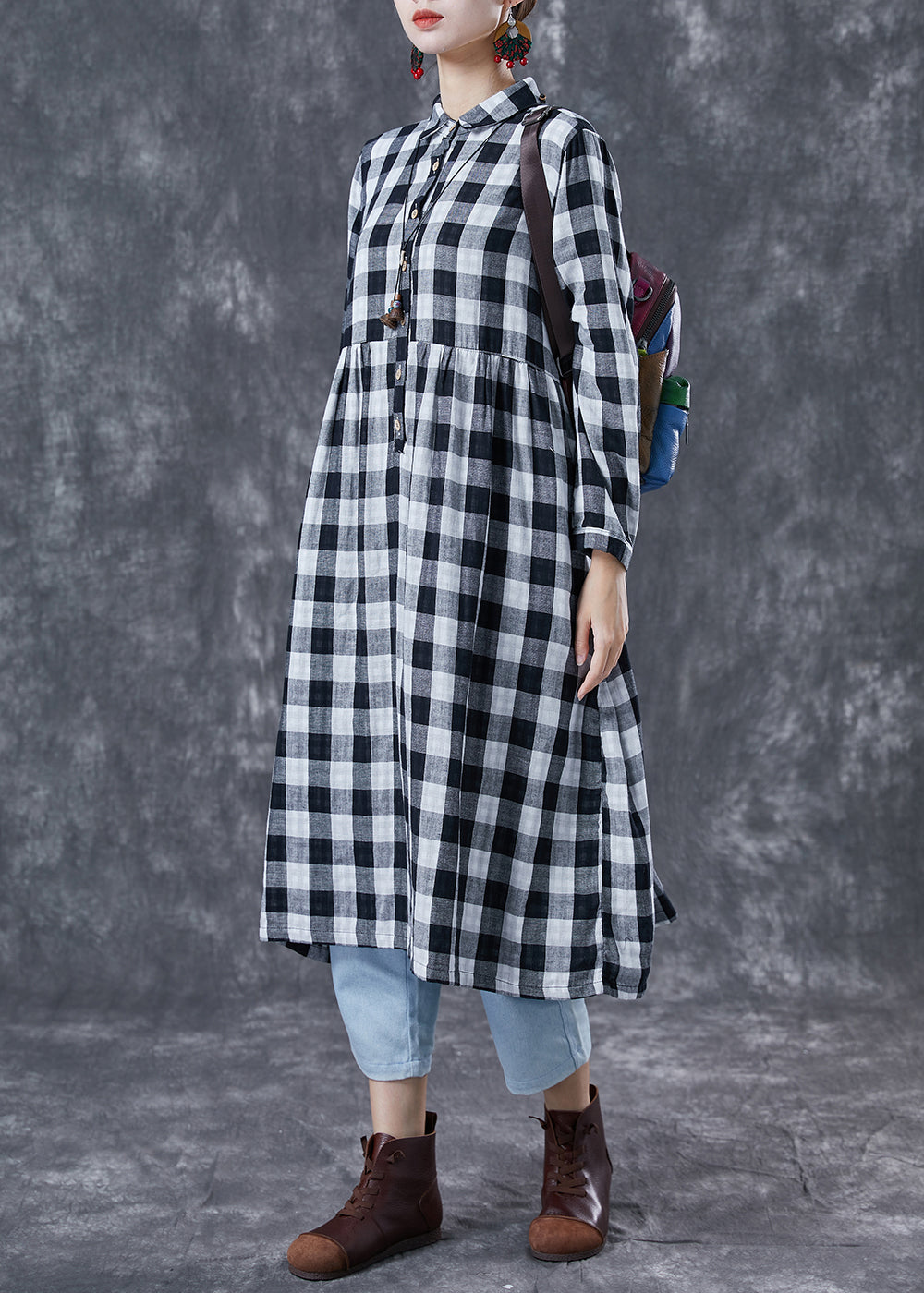 Fine Grey Oversized Plaid Cotton Maxi Dresses Spring LY4027 - fabuloryshop