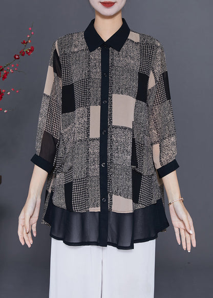 Fine Grey Plaid Patchwork Chiffon Shirt Bracelet Sleeve LY7618