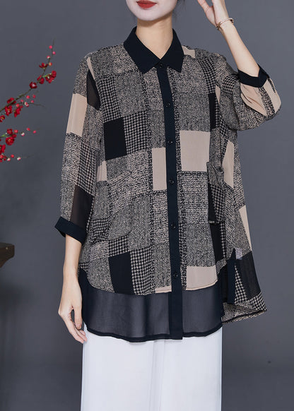 Fine Grey Plaid Patchwork Chiffon Shirt Bracelet Sleeve LY7618