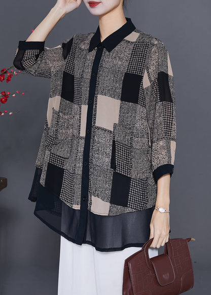 Fine Grey Plaid Patchwork Chiffon Shirt Bracelet Sleeve LY7618