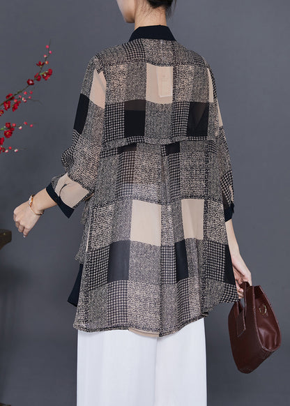 Fine Grey Plaid Patchwork Chiffon Shirt Bracelet Sleeve LY7618