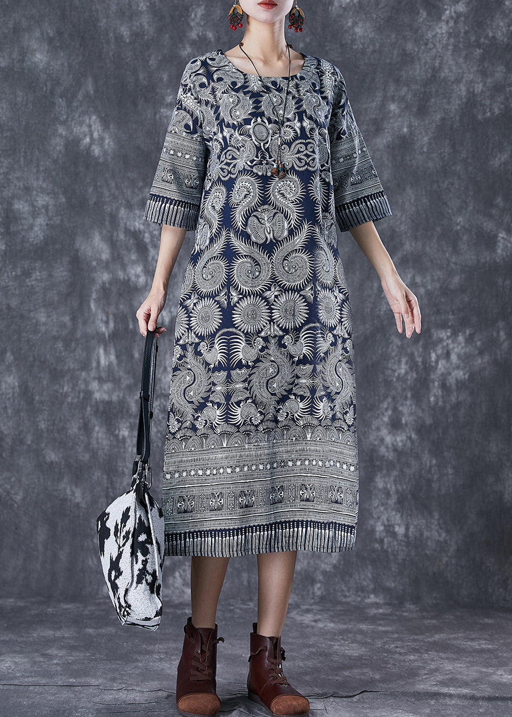 Fine Grey Print Slim Fit Cotton Straight Dresses Half Sleeve LY7105 - fabuloryshop