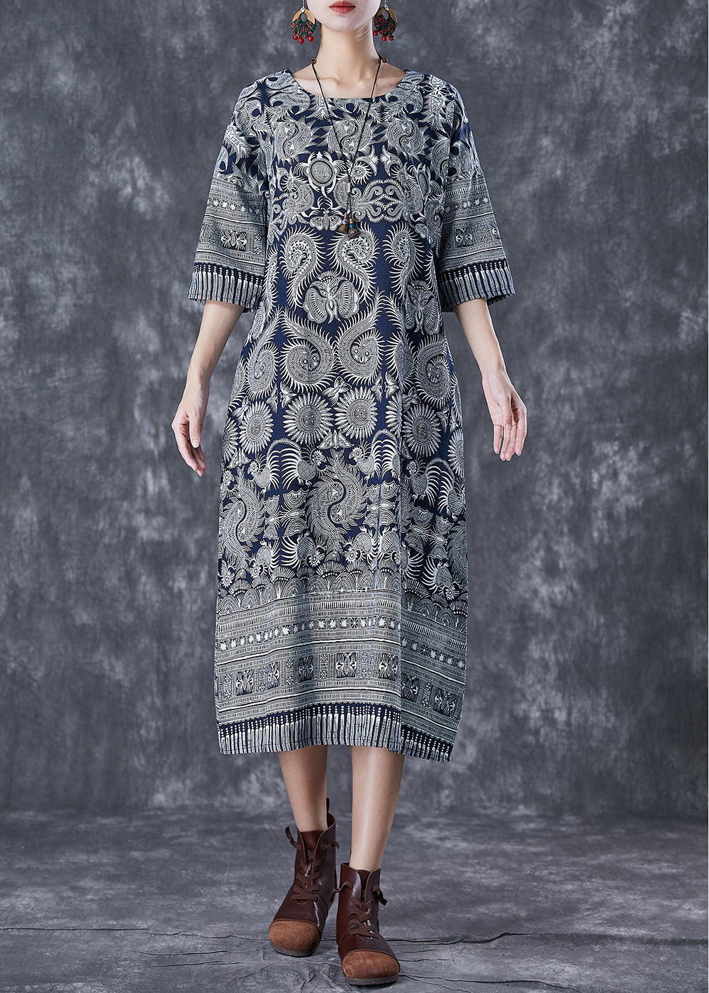 Fine Grey Print Slim Fit Cotton Straight Dresses Half Sleeve LY7105 - fabuloryshop